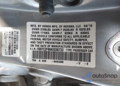 2019 Honda Civic Sport из США, поврежденный, VIN 19XFC2F86KE036733